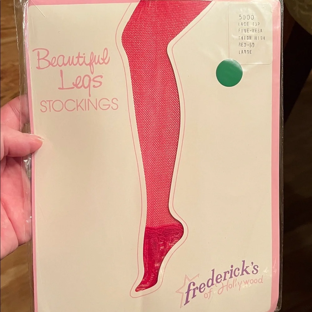 NEW Frederick’s of Hollywood Lace Top Stockings LARGE Sheer Red Nylon Stretch